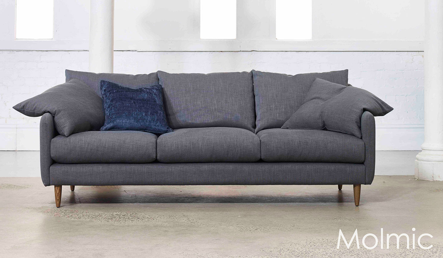 Floyd 3.5 seater sofa in Axiom Storm fabric with Bluescatter (fabric) cushion