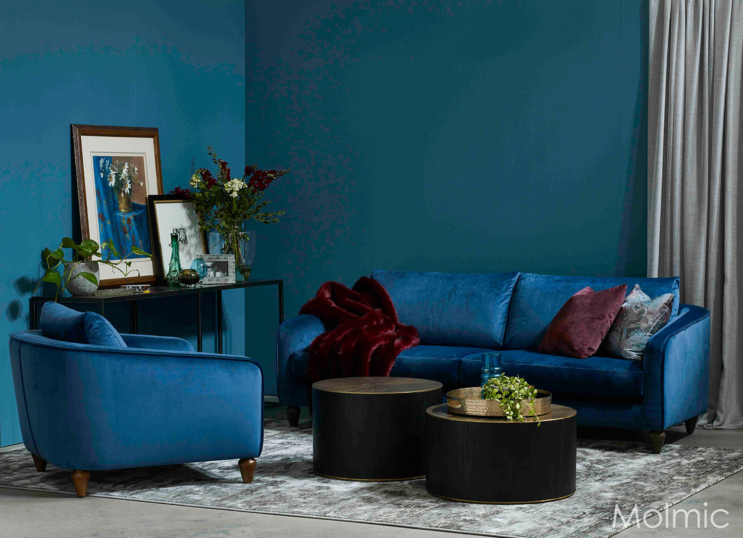 Montana 3 seater sofa in Glamour Teal fabric with Chair and Star Drums